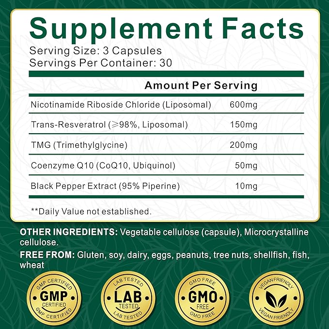 NBOOCUP NAD Supplement - 1010mg Nicotinamide Riboside Chloride Complex, Liposomal NR Supplements, Resveratrol NAD+ for Anti Aging, Cellular Energy, Skin, Focus - 90 Capsules