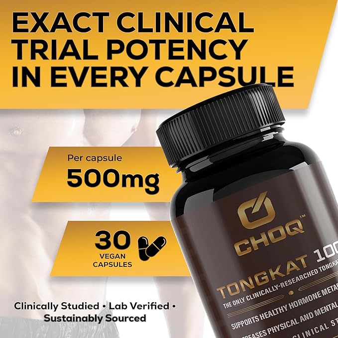 CHOQ Tongkat Ali Extract 100mg - Testosterone Booster for Men - LJ100 Longjack Clinically Proven - Malaysian Eurycoma Longifolia with 40% Glycosaponins - 30 Capsules