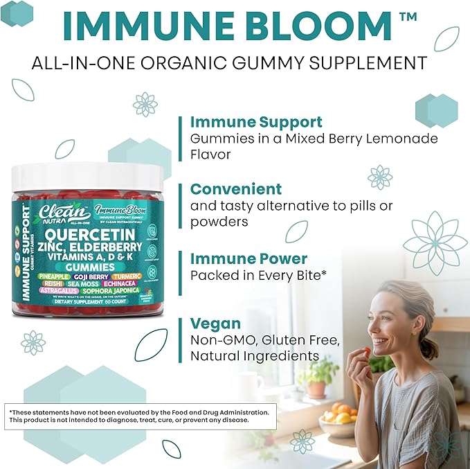 Clean Nutraceuticals Quercetin Zinc Elderberry VitaminDVitaminK2 Goji Berry Turmeric Sea Moss Echinacea Astragalus Mushrooms Olive Leaf Extract D3K2 Selenium Supplements Immunity 60 Gummies