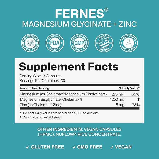 Pure Chelated Magnesium Glycinate 1250 mg Supplement with Zinc - Gentle on Stomach, High Absorption, Gluten-Free, Non-GMO, Muscle Cramp & Sleep Support* for Women & Men - Vegan (90 Caps) - Made in USA