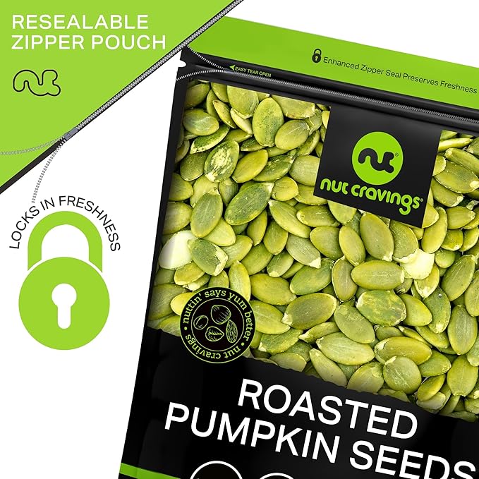 NUT CRAVINGS - Roasted & Unsalted Pumpkin Seeds, Pepitas, No Shell (80oz - 5 LB) Packed Fresh in Resealable Bag - Nut Snack - Food Assortments