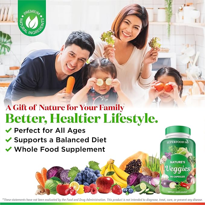 Superfood MD Veggies Supplement - 90 Veggie Capsules - Supports Energy Levels, Beta Carotene, Vitamins & Minerals - Soy Free - 90 Count