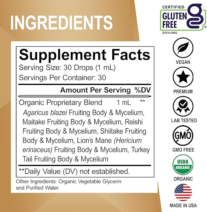 Organic Lions Mane Mushroom Complex - Mushroom Supplement Liquid Drops Tincture for Focus, Fog, Brain Health Supplements - Vegan, Herbal Organic Lion's Mane Mushrooms, Reishi, Turkey Tail Extract 1oz
