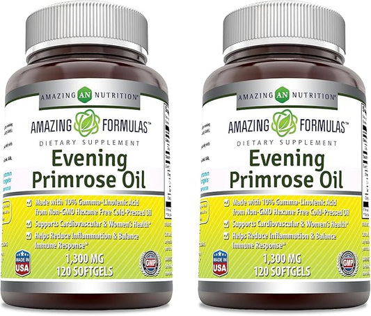 Amazing Formulas Evening Primrose Oil 1300mg, 10% GLA, Softgels Supplement | Hexane Free Cold Pressed Oil | Non-GMO | Gluten Free (120 Count | 2 Pack)