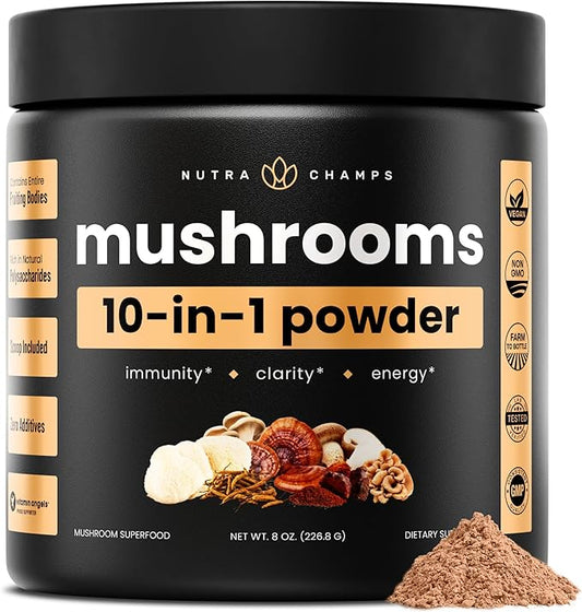 NutraChamps Organic Mushroom Powder - 10-in-1 Complex - Mushroom Supplement Powder Blend for Memory, Focus & Immune Support - 8oz (8.0 OZ, Mushroom Blend)