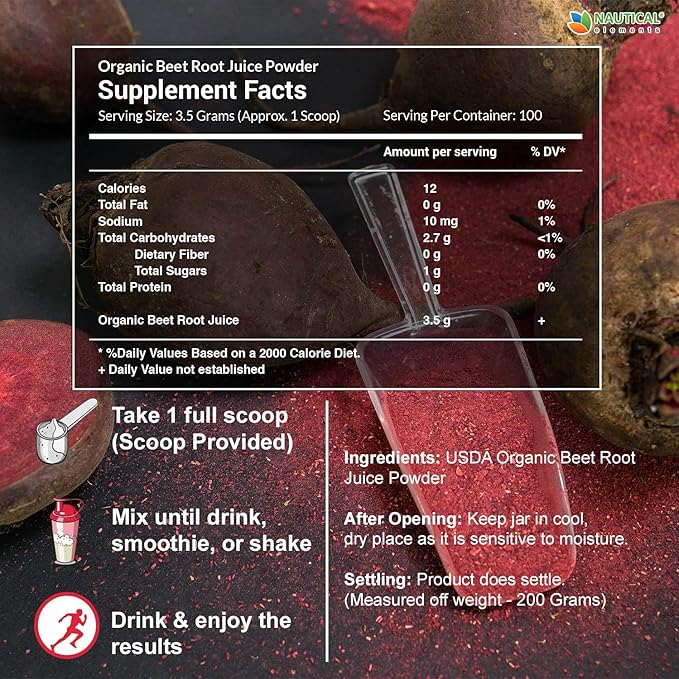 Organic Beet Juice Powder - 20:1 Concentration Beet Powder Organic - Circulation Support - Rich in Nitric Oxide - Cold-Pressed 100 Servings of Beet Root Powder Supplement- 12.3oz