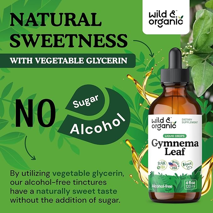 Wild & Organic Gymnema Sylvestre Extract Drops - Sugar-Free Gymnema Sylvestre Supplements - Gurmar Powder Based Tincture - Vegan, Alcohol-Free Leaf Liquid Drops - 4 fl oz