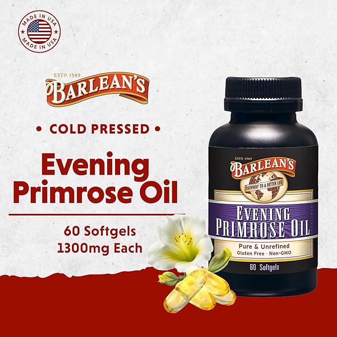 Barlean's Evening Primrose Oil Softgels with Gamma-Linolenic Acid (GLA) - Non-GMO, Gluten-Free - 60-Softgels