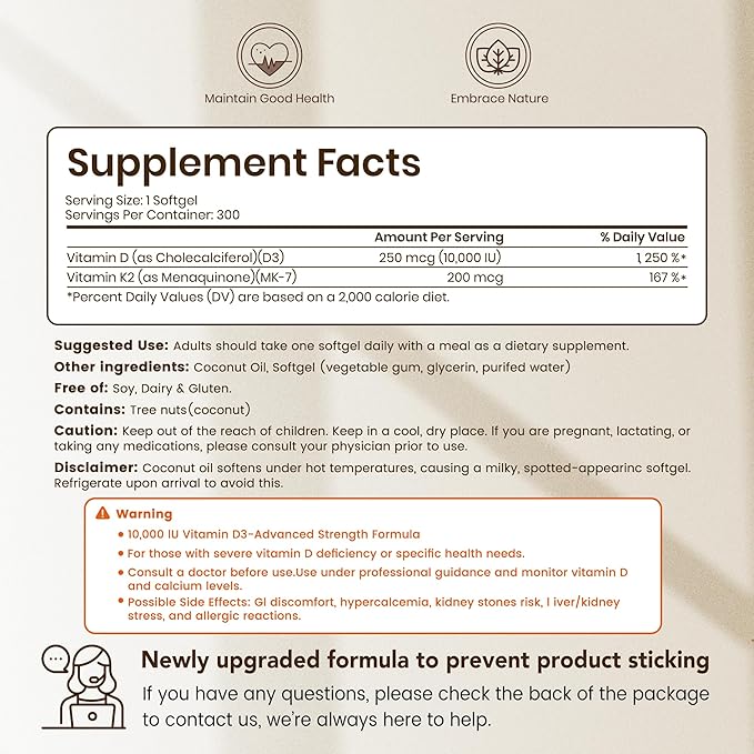 VEV Vitamin D3 K2 10000 IU, 300 Coconut Oil Softgels, Corefeel 2 in 1 Vitamins Supplement D & K (Include MK7), Easy to Swallow, Supports Calcium Absorption, Bone Healthh