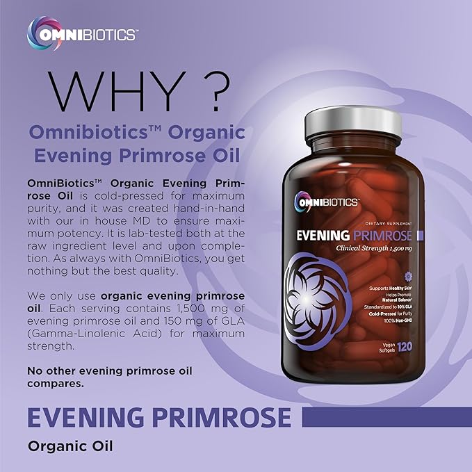 OmniBiotics Organic Evening Primrose Oil for Women – Clinical Strength 1500mg per Capsule, 10% GLA, Cold-Pressed, Non-GMO, Hormone Balance for Women – 120 Vegan Softgel Capsules