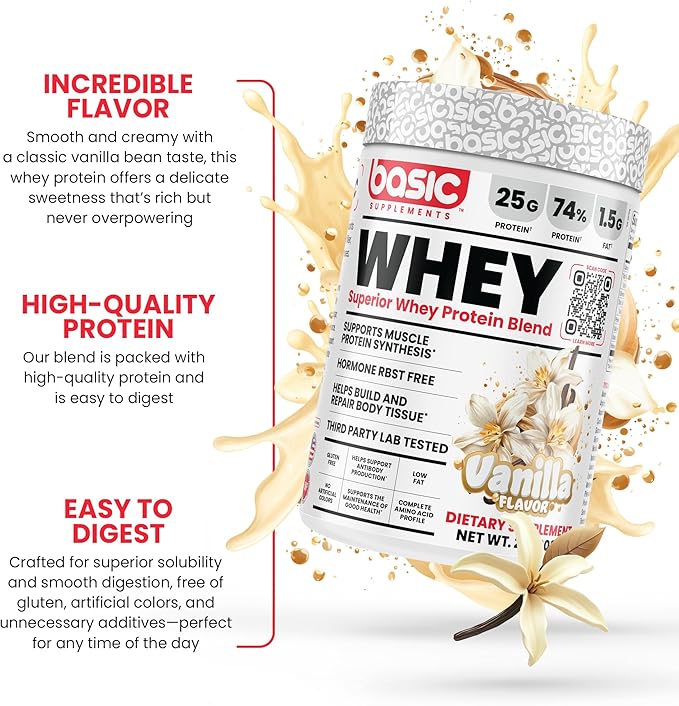 Whey Protein Powder, 25g Protein, Complete Amino Acid Profile, Gluten-Free, Low Fat, RBST-Free, Supports Muscle Recovery & Antibody Health (2 Pound, Vanilla)