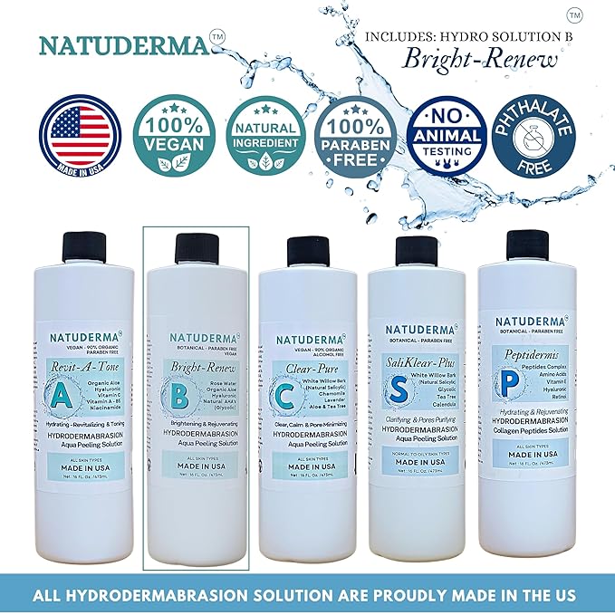 Hydrodermabrasion Solutions Set | Brightening Rejuvenating Serum for Hydro Dermabrasion Machine and Oxygen Facial, Bright-Renew of 16oz | and Super Vitamin C Serum of 1oz by Natuderma