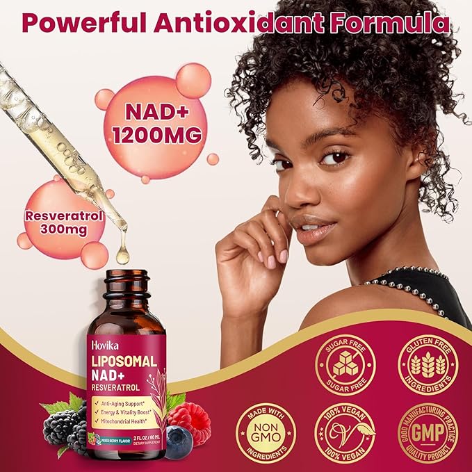2 Pack Liposomal NAD Supplement - 1200mg NAD+ Liquid Drops for Women & Men with Resveratrol, Black Pepper Extract - Support Anti-Aging, Brain & Cellular Mitochondrial Health - Mixed Berry Flavor