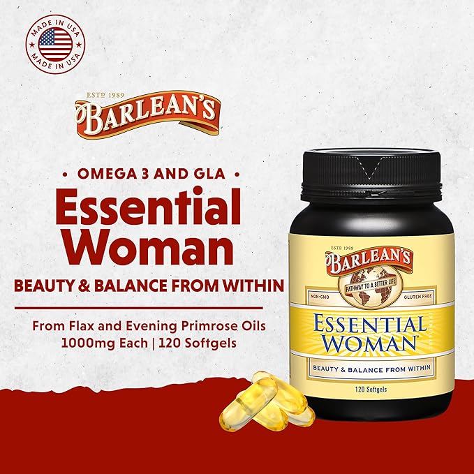 Barlean's Essential Woman Supplement Capsules, Women's Flaxseed and Evening Primrose Oil for Hormone Balance, Omega 3 6 9 and GLA Acid, 120 Count