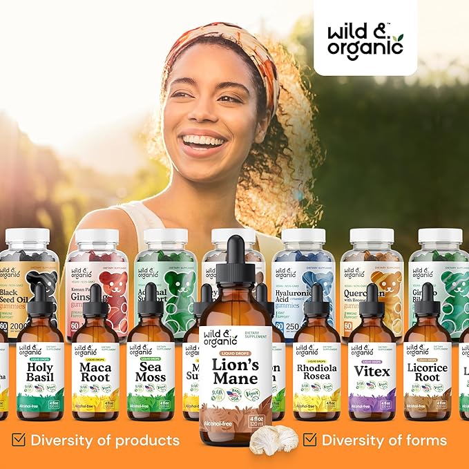 Wild & Organic Lions Mane Liquid Drops - Brain & Focus Support - Lion's Mane Mushroom Supplement - Hericium Erinaceus Mushroom Drops - Vegan, Sugar & Alcohol-Free Extract Tincture - 4 fl oz