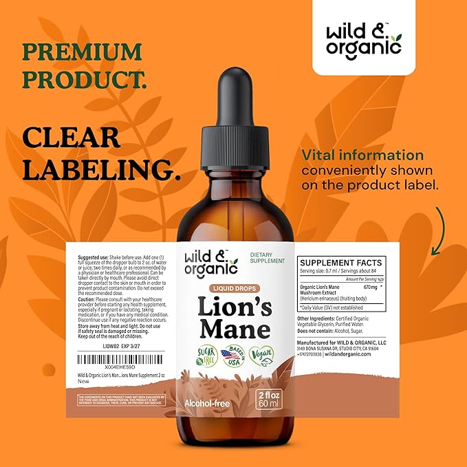 Wild & Organic Lions Mane Liquid Drops - Focus & Brain Support - Lions Mane Supplement - Hericium Erinaceus Mushroom Extract Tincture - Vegan, Alcohol & Sugar-Free - 2 fl oz