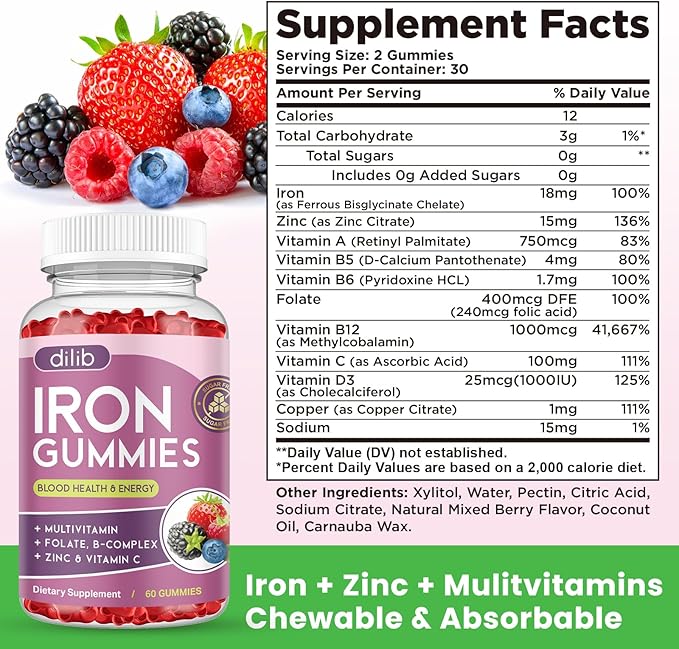 Iron Gummies with Multivitamin, Iron Supplement for Women & Men, Kids Multivitamin with Iron, Zinc, Vitamin B Complex & C, B12, Folate - Blood Builder, Energy Support, Peach Flavor, Vegan 120 Gummies