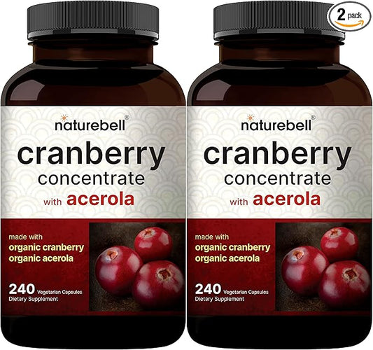 NatureBell 2 Pack Cranberry Pills 36,000mg with Acerola, 480 Total Veggie Capsules | 100:1 Fresh Cranberries Extract – Organic Ingredients – Supports Urinary Tract Health – Sugar Free