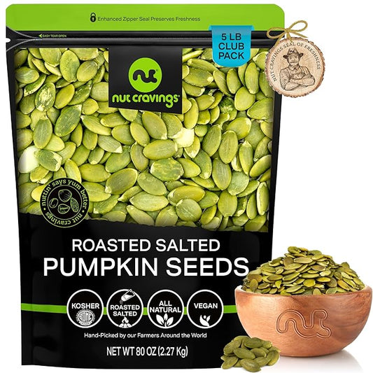 NUT CRAVINGS - Roasted & Salted Pumpkin Seeds, Pepitas, No Shell (80oz - 5 LB) Packed Fresh in Resealable Bag - Nut Snack - Food Assortments