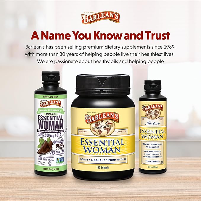 Barlean's Essential Woman Supplement Capsules, Women's Flaxseed and Evening Primrose Oil for Hormone Balance, Omega 3 6 9 and GLA Acid, 120 Count