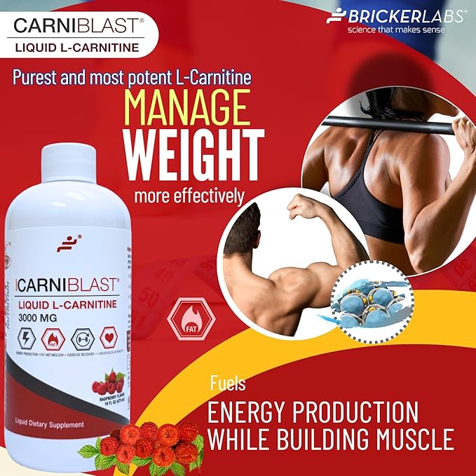 CARNIBLAST Liquid L-Carnitine 3000mg, Premium L Carnitine Carnipure, Energy Nutrition, Energy Supplement and Energy Booster, Raspberry, 16 fl oz