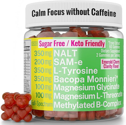 L-Tyrosine Bacopa Monnieri N-Acetyl-L-Tyrosine NALT Magnesium L-Threonate & Glycinate Methylated Vitamin B Complex Gummies, Caffeine Gum Supplement Pill Capsule Powder Tablet Tincture Alternative