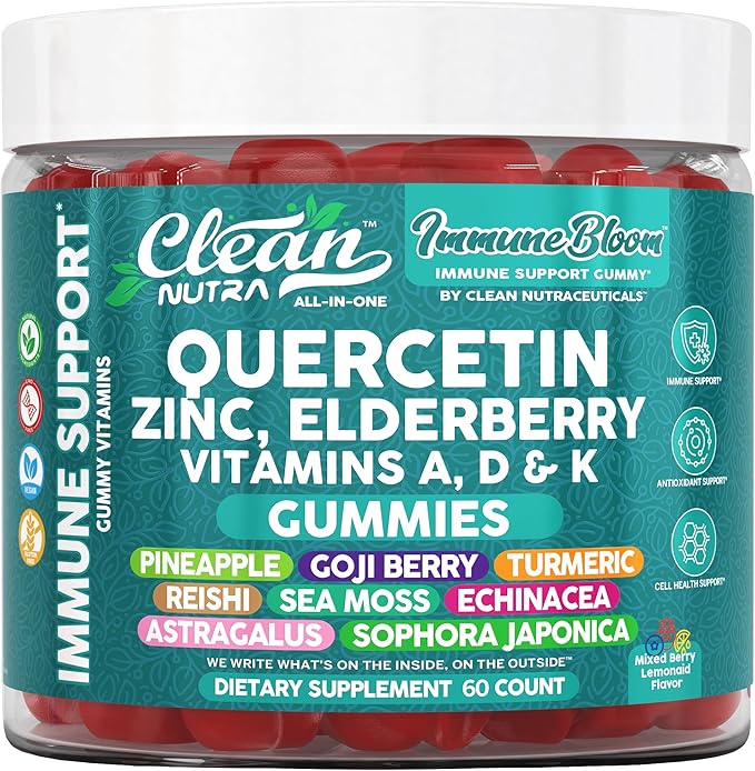 Clean Nutraceuticals Quercetin Zinc Elderberry VitaminDVitaminK2 Goji Berry Turmeric Sea Moss Echinacea Astragalus Mushrooms Olive Leaf Extract D3K2 Selenium Supplements Immunity 60 Gummies