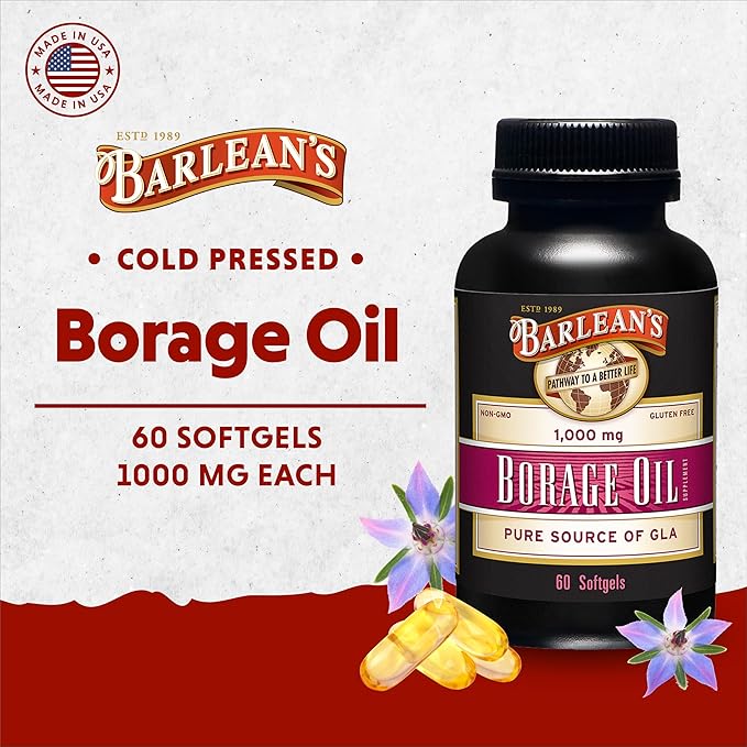 Barlean's Borage Oil Supplements, Cold Pressed Pure Borage Seed Oil Supplement Softgels for Men and Women, 1000 mg GLA Fatty Acids, 60 Count