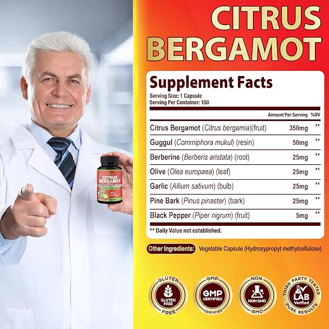 Organic Cadane Citrus Bergamot Supplement Capsules with Berberine, Olive, Guggul, Garlic, Pine Bark, Black Pepper - 150 Caps for 5 Months Supply