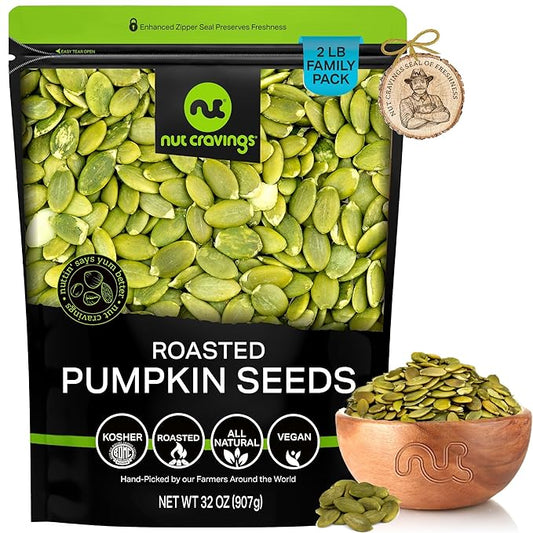 NUT CRAVINGS - Roasted & Unsalted Pumpkin Seeds, Pepitas, No Shell (32oz - 2 LB) Packed Fresh in Resealable Bag - Nut Snack - Food Assortments
