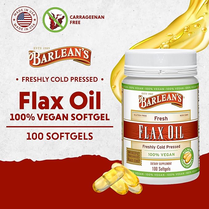 Barlean's Vegan Flaxseed Oil Supplements, Cold-Pressed Flax Seed Supplement Softgels with 1650 mg ALA Fatty Acids, 100 Count
