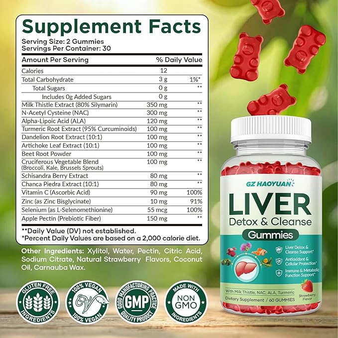 Liver Cleanse Detox & Repair Gummies, Milk Thistle Supplement with NAC, Alpha Lipoic Acid, Dandelion Root, Artichoke Leaf for Liver Detox Support, Antioxidant, Immune Support, Strawberry Flavor 60ct