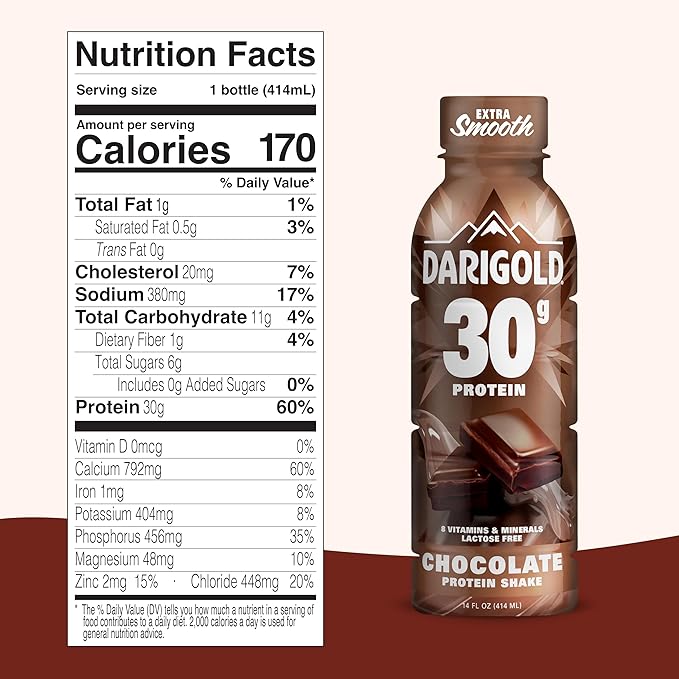 Darigold Ready to Drink Chocolate Protein Shake, 30g Protein, No Added Sugar, Lactose Free, Only 170 Calories, Electrolytes, Gluten Free - 14oz bottles 12 pack