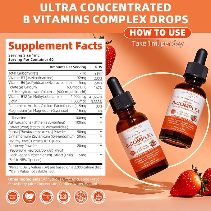 Super B-Complex Liquid Drops | B12 Methylcobalamin + Methyl Folate | B Vitamins Complex w/B3,B5,B6,B7, Ashwagandha & L-Theanine for Energy, Focus & Immunity, Vegan Strawberry 2fl Oz