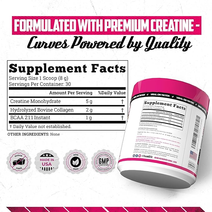 Old School Labs 5000mg Creatine Monohydrate Powder, Optimized Creatine for Women +2000mg Collagen +1g BCAA 2:1:1 Supports Lean Muscles & Recovery, Energy & Stamina - Made in USA, 30 Servings