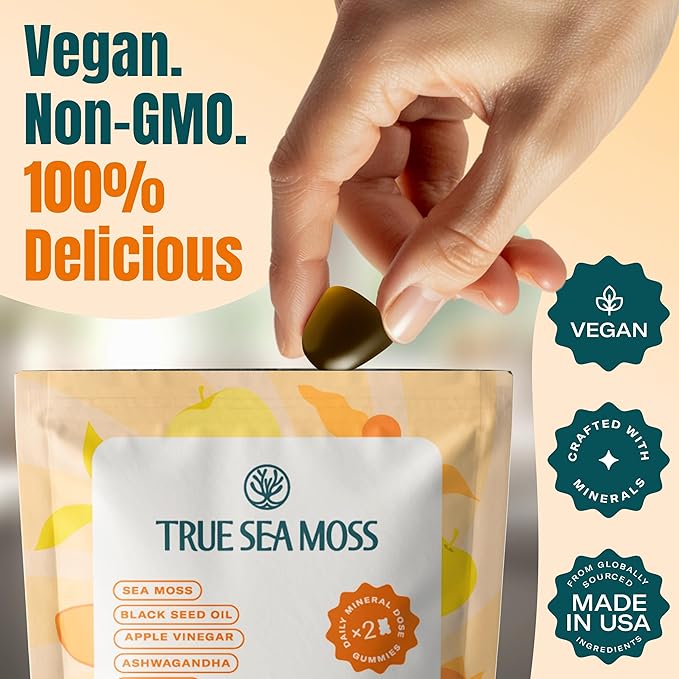 Sea Moss & Apple Cider Vinegar Gummies – 10-in-1 Herbal Blend with Black Seed Oil, Ashwagandha, Turmeric, Bladderwrack, Burdock Root & Dandelion – Vegan, USA Made, Natural Apple Flavor – 60 ct