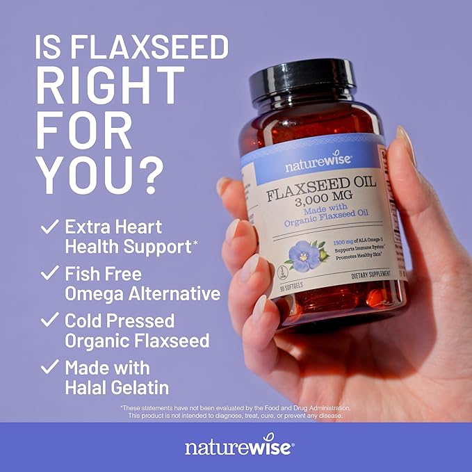 NatureWise Flaxseed Oil 3000 mg, Fish Free Omega 3 with 1500 mg ALA, Dietary Supplement for Immune Health Support - Organic, Cold Pressed, Non-GMO - 120 Softgels[40-Day Supply]