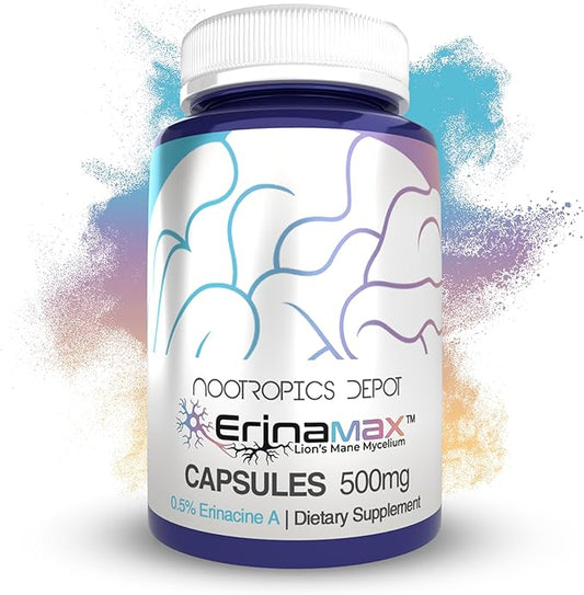 Nootropics Depot Erinamax Lion's Mane 500mg Capsules | Liquid Culture Mycelium | 2.5mg Erinacine A | Mood, Cognition, & Nerve Support | 120 Count