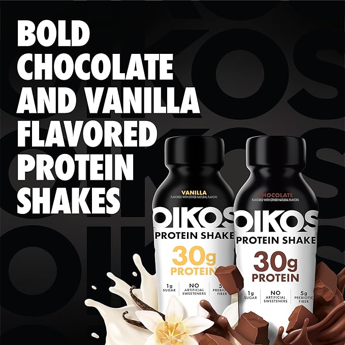 Oikos Protein Shake, Exclusive Variety Pack, 30g High Protein Drinks, Shelf Stable, Ready to Drink, 5g Prebiotic Fiber, 12 fl oz Bottle (8 ct Vanilla, 4 ct Chocolate