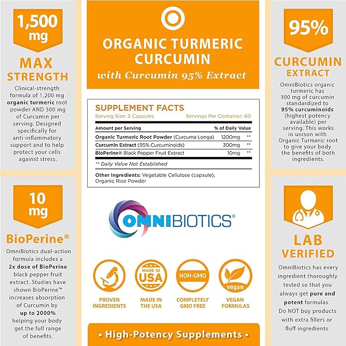 OmniBiotics Organic Turmeric Curcumin Supplement with Black Pepper Extract – 1500mg Turmeric with 95% Curcuminoids & BioPerine, High Absorption for Joint Support – 120 Vegan Capsules