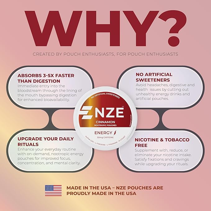 NZE Caffeine Nootropic Pouches (Cinnamon) - Energy Pouches with 50mg Caffeine, Alpha GPC, L-Tyrosine & L-Theanine with No Sugar or Artificial Sweeteners - 15 Nicotine Free Pouches Per Can - 5 Pack