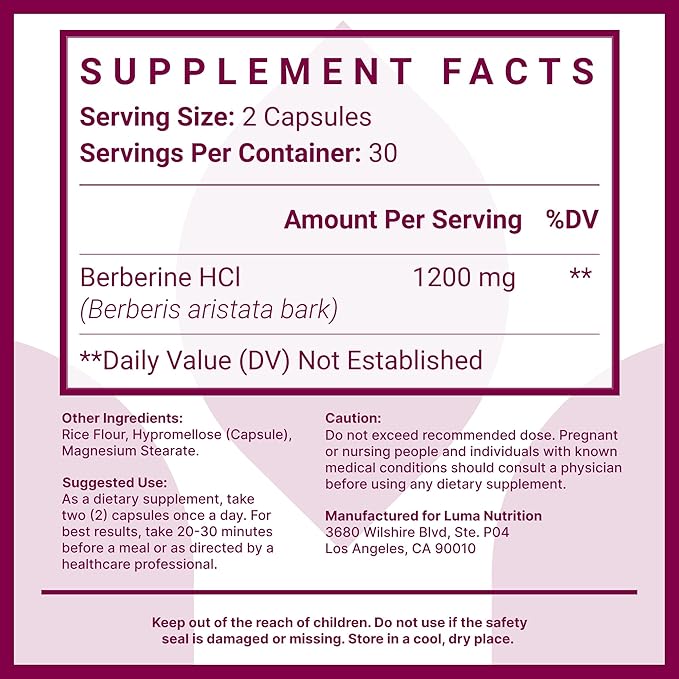 Luma Nutrition Berberine Supplement - Berberine HCL 1200mg Per Serving - Vegan, Gluten Free, Non-GMO - 60 Capsules