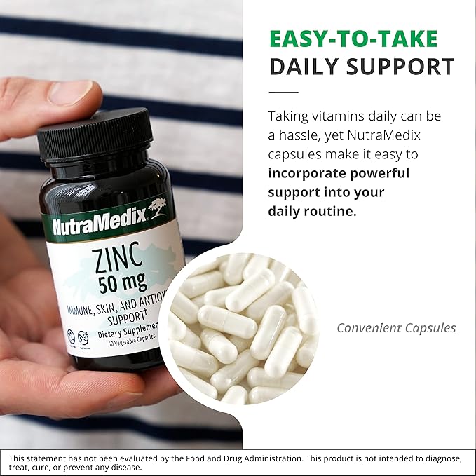 NutraMedix Zinc 50mg - Supplements for a Healthy Immune Defense, Skin Health & Antioxidant Support - Easy to Digest Zinc for Immune Health (60 Capsules)