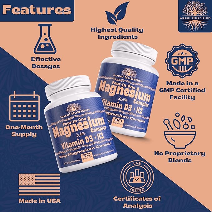 4-in-1 Magnesium Complex 420mg with Vitamin D3 K2 - Premium Magnesium Supplement with Magnesium Malate, Bisglycinate (Glycinate), Taurate, and Chloride - 90 Capsules Made in The USA