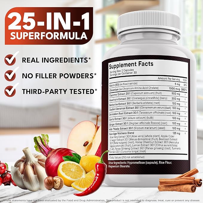 NEW AGE Cayenne Pepper Capsules Supplement with Hawthorn Berry, Dandelion Root, Ceylon Cinnamon, Garlic, Ginger, ACV, Milk Thistle, Beet Root, Aloe Vera - 180 Count