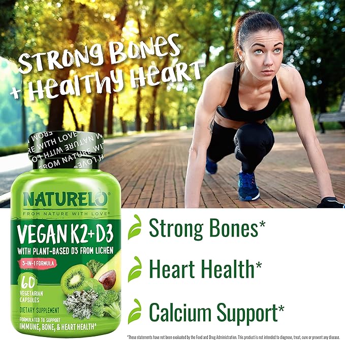 NATURELO Vitamin D3 K2 - Vegan K2+D3 with Plant Based D3 from Lichen - Natural D3 Supplement for Immune System, Bone Support, Heart Health - Whole Food - Non-GMO - Gluten Free, 60 Capsules (Pack of 2)