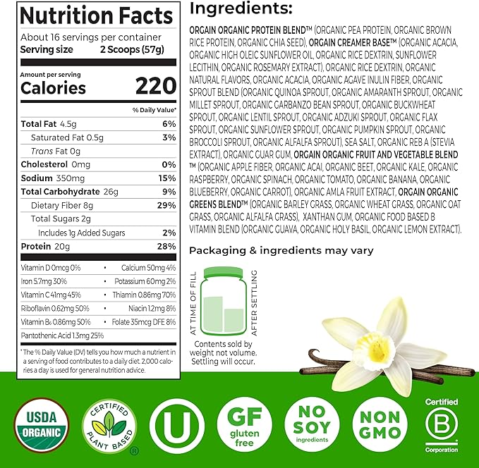 Orgain Organic Vegan Meal Replacement Protein Powder, Vanilla Bean - 20g Plant Based Protein, Gluten Free, Dairy Free, Lactose Free, Soy Free, No Sugar Added, For Smoothies & Shakes - 2.03lb