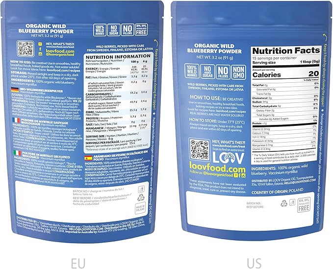 LOOV Organic Wild Blueberry Powder - 15-Day Supply, 3.2 Oz, Good for Smoothie & Breakfast, Freeze-Dried, from Northern Europe, No Added Sugar