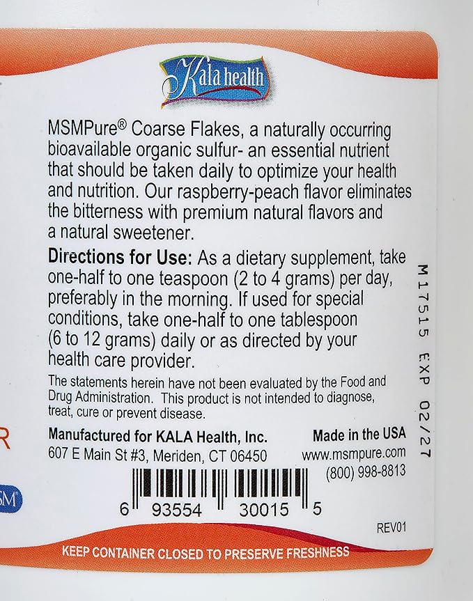KALA HEALTH MSMPure Raspberry Peach Flavored Coarse MSM Powder Flakes – US-Made MSM for Joint Health, Skin Appearance, and Hair & Nail Support – 1 lb, Organic Sulfur