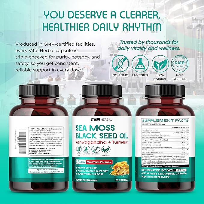Sea Moss with Black Seed Oil, Ashwagandha, Turmeric & Moringa – Immune, Joint & Skin Support Supplement – 60 Capsules – Vital Herbal – Lab-Tested, Non-GMO, Made in USA